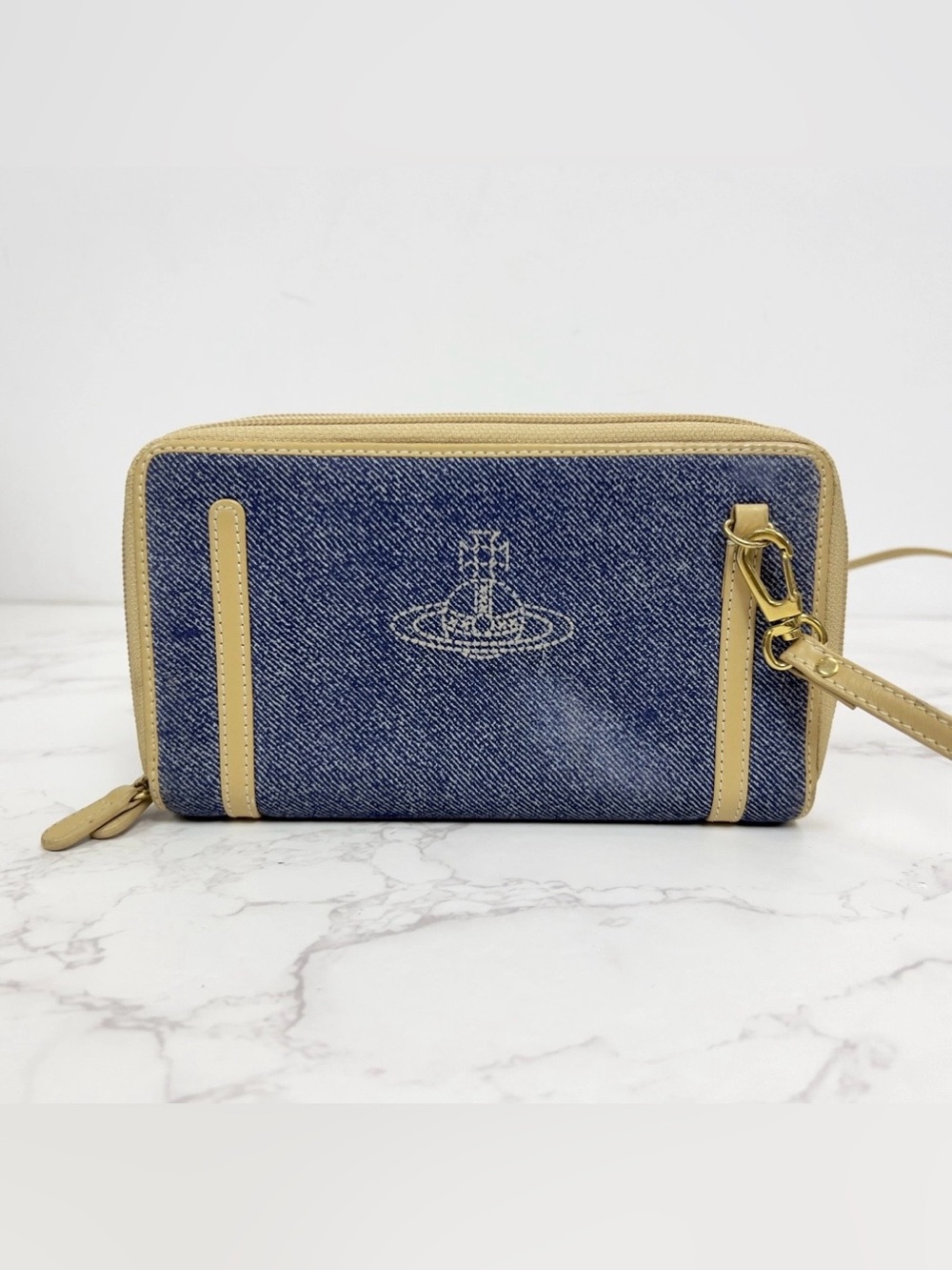 Vivienne Westwood Blue Denim Wallet on a Strap with Tan Trim - EUC